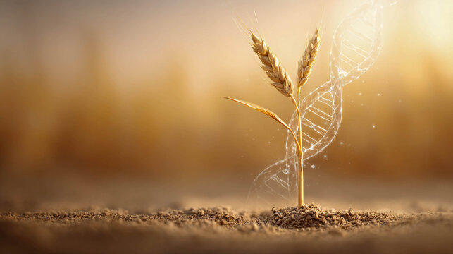 A wheat spike growing from the soil, with a glowing DNA spiral and gold particles in the background, representing the concept of genetic engineering, biotechnology, and plant breeding.