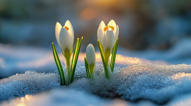 A group of white crocuses pokes through the snow, which is sparkling in the sun, and the first spring flowers are captured in a blurred background.