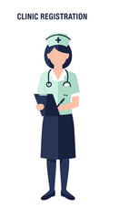 Fototapeta premium Medical Professional Standing Holding Clipboard in Clinic Registration, Healthcare, and Assistance