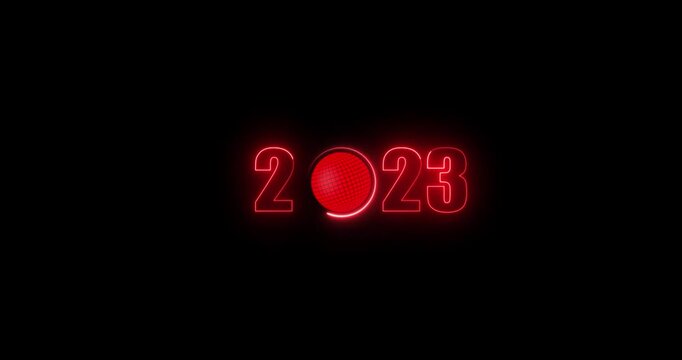 Abstract glowing neon global new year 2023 icon animation with dark background. Global design highlight the icon and year important date 2023 animation