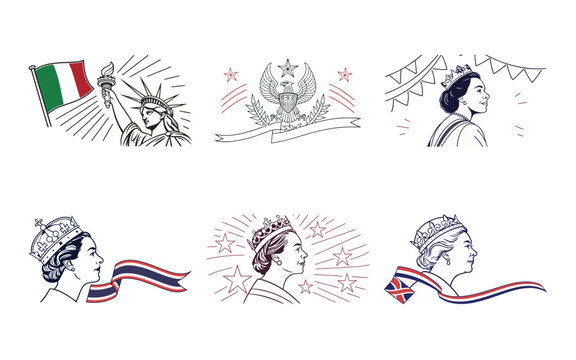 Monarchy and iconic landmarks with flags queen king crown statue of liberty italian flag