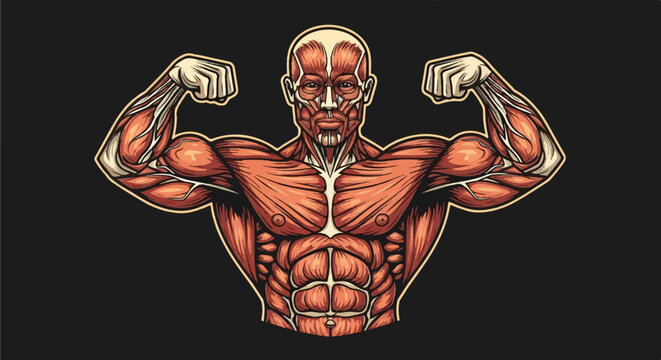 Muscular anatomical illustration of a man flexing his biceps with detailed muscle definition