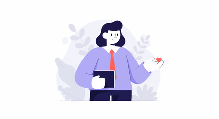 Obraz premium Flat illustration of a person in a suit holding a tablet and a heart