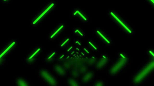 Abstract green neon arrow tunnel background. Futuristic glowing perspective animation