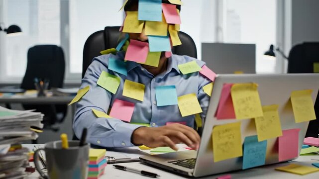 Stressed male employee sitting at a messy desk and working on a laptop while being completely covered in colorful sticky notes, symbolizing multitasking, overload, and an approaching deadline
