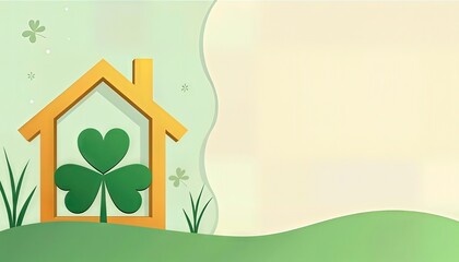Flat design illustration for St. Patrick&rsquo;s Day: simple house frame icon combined with shamrock leaf on the left. Green and gold palette, clean minimal background, space for text, real estate 