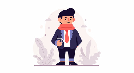 Obraz premium Stylized man in suit holding a mug, wearing a scarf