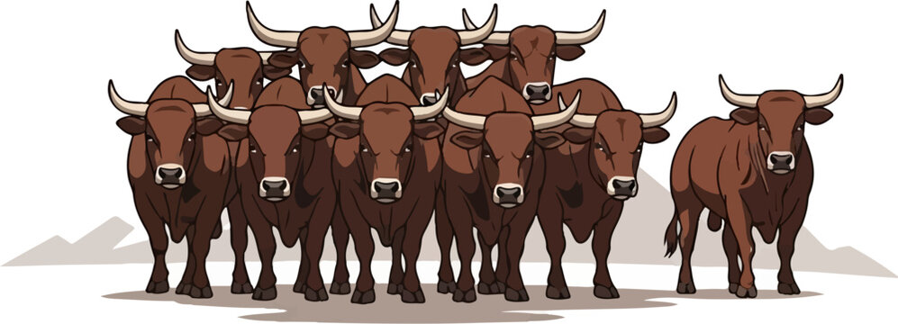 A group of pixelated brown bulls stand together with their horns prominent against a white background