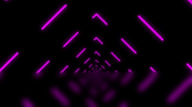 Abstract purple neon arrow tunnel background. Futuristic glowing perspective animation