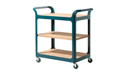 Isolated modern three-tier utility cart with teal frame and natural wooden shelves on casters © Miguel