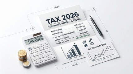 Tax 2026 Financial Report with Calculator and Coins in a Professional, Organized Style on a Bright White Flat Lay for Business Accounting and Financial Planning.