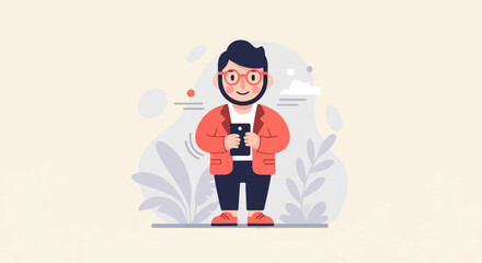 Obraz premium Bearded man in glasses and orange jacket holds phone, surrounded by abstract shapes and plants