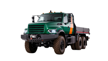 Isolated rugged green 6x6 flatbed truck with powerful winch and large off-road tires.