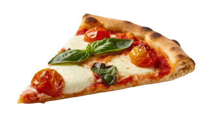 Isolated classic Italian pizza slice with melted mozzarella, roasted tomatoes and basil