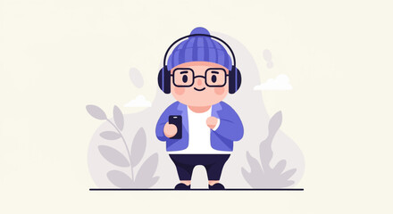Cartoon character with headphones and smartphone, wearing beanie and jacket