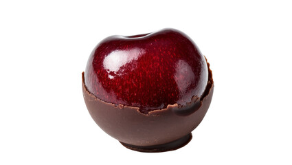 Isolated delicious rich dark chocolate bonbon featuring a vibrant red cherry inside