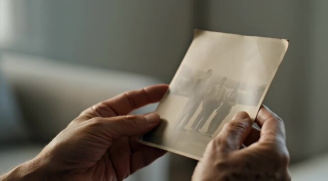 An elderly person reminiscing holding a faded vintage photograph with family members