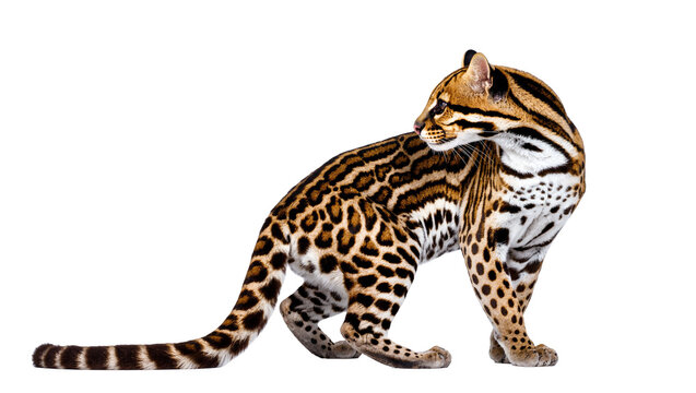 Isolated elegant ocelot, a stunning wild cat with beautiful spotted and striped fur pattern.