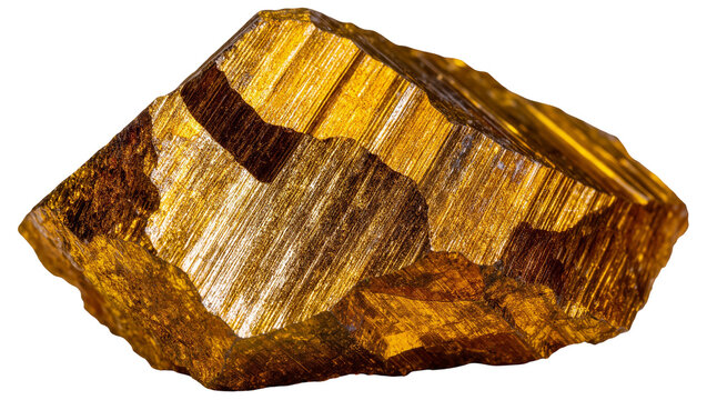 Isolated golden brown mineral fragment showing shimmering chatoyancy and fibrous texture