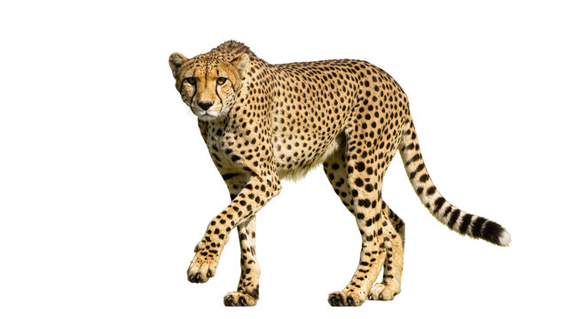 Isolated cheetah walking forward, beautiful spotted coat, majestic wild animal portrait
