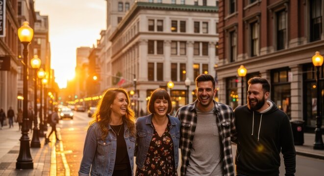 Three friends are walking down a city street at dusk. They are smiling and laughing, enjoying each other's company. The street is wet, reflecting the warm glow of the streetlights 