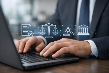 Law and Justice Concept with Scales and Gavel Icons on Laptop