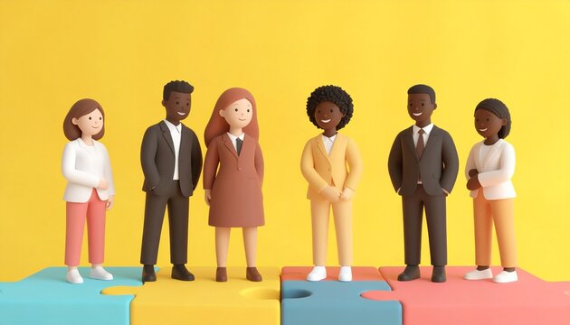 3D artwork depicting a business team in suits standing side-by-side with smiles on their faces, rendered in a clay-like texture. Business concept.