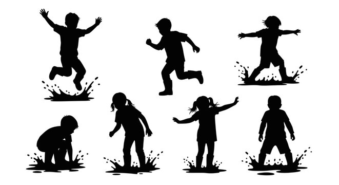 Children Silhouettes Jumping and Playing in Mud Puddles, Outdoor Fun