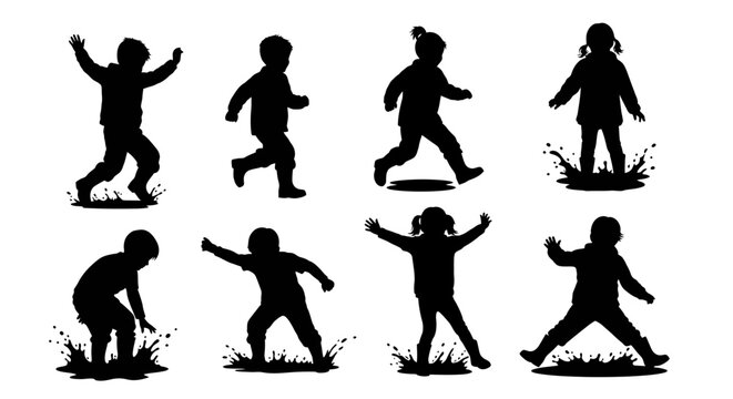 Children Silhouettes Jumping in Puddles, Playful Outdoor Activity, Summer Fun