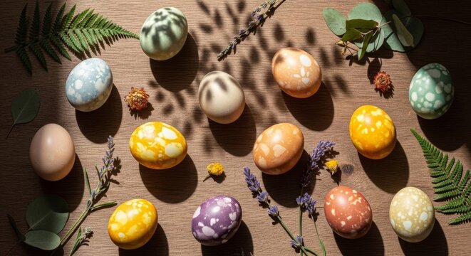 Easter eggs on a wooden table with floral decorations and natural light