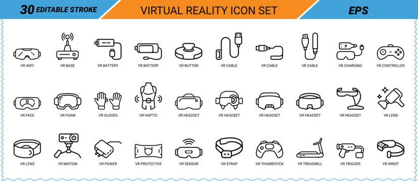Virtual reality icon set featuring vr headset and haptic wearable technology equipment kit