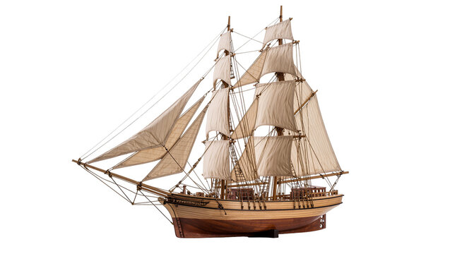 Isolated detailed wooden model of a classic tall sailing ship with full rigging and sails