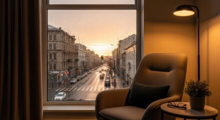 Fototapeta premium A warmly lit room features a large window overlooking a city street at sunset. A comfortable armchair sits beside the window, illuminated 