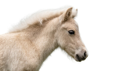 Fototapeta premium Isolated portrait of an adorable young horse foal with creamy blond fur and fuzzy mane in profile