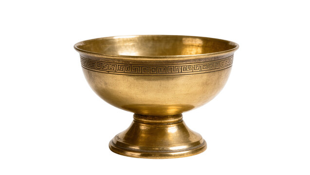 Isolated antique golden brass bowl with intricate Greek key pattern and elegant pedestal base