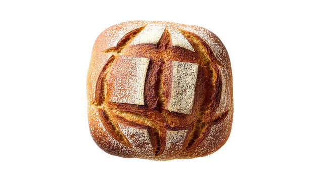 Isolated delicious rustic artisan sourdough bread loaf with golden crispy crust and flour dusting