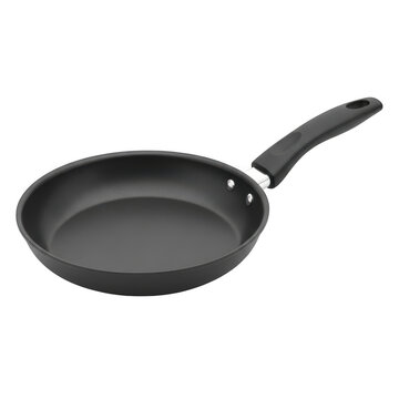 Non-stick frying pan with black handle and lid for kitchen cooking