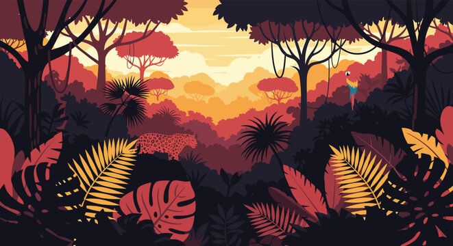 A lush jungle illustration at sunset shows a stealthy jaguar moving through dense foliage while a colorful macaw perches in the rich, layered canopy of trees.