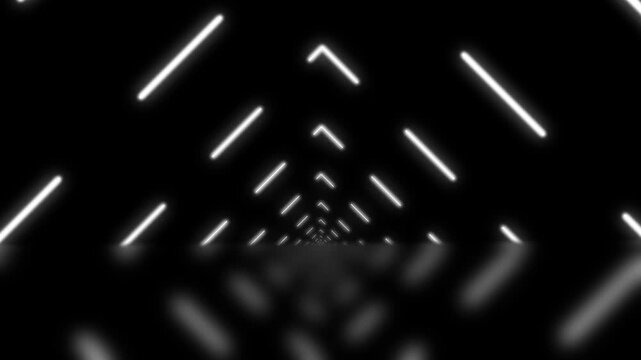 Abstract white neon arrow tunnel background. Futuristic glowing perspective animation