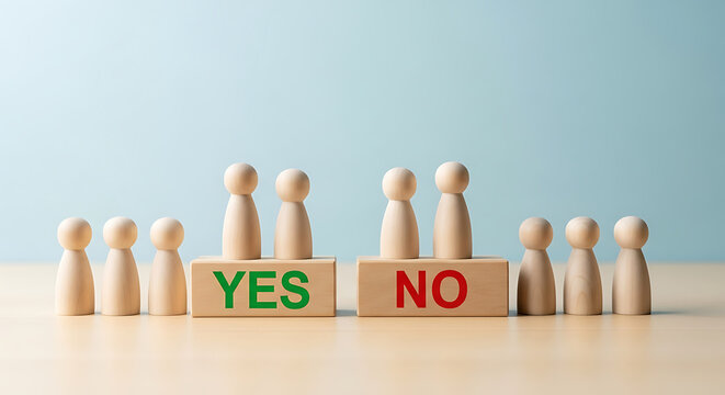 Voting Decision Making with Yes and No Wooden Figures Placeholder