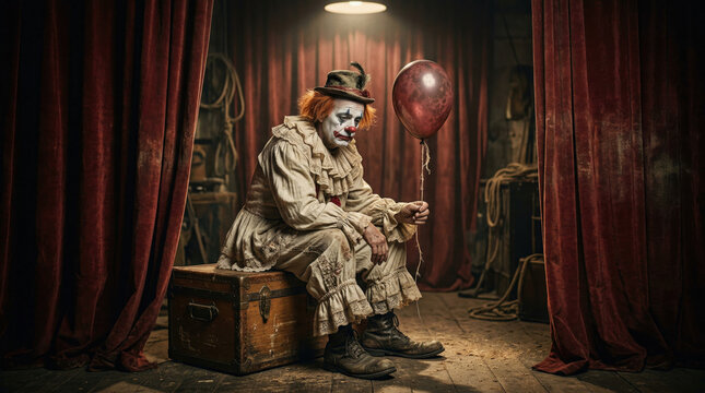 Sad clown sitting backstage holding red balloon