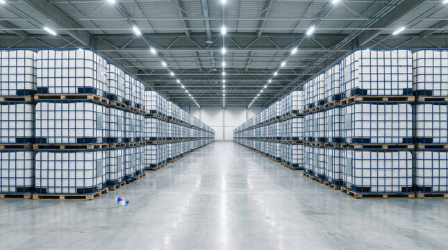 Warehouse storing ibc totes on pallets for logistics