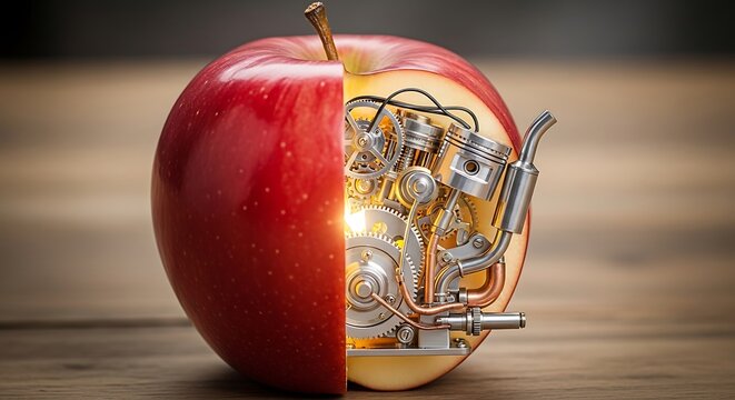 Creative concept of a red apple with mechanical gears and clockwork inside