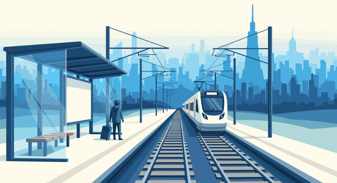 A solitary passenger with luggage waits at a covered platform as a modern electric train arrives at the station against a backdrop of a vast city skyline.