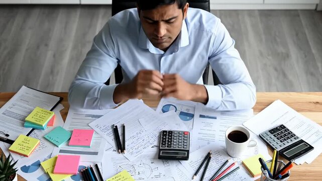 Overwhelmed young businessman feeling stressed and frustrated by a heavy workload, sitting at a messy desk with paperwork and charts, suffering from professional burnout and anxiety