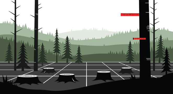 A graphic illustration depicts a deforested area with a grid pattern on the ground and numerous tree stumps, while red rulers measure a remaining tree against a backdrop of misty green hills.