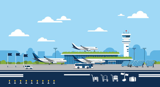 A modern airport is depicted in a pixel art style, featuring airplanes on the tarmac, a terminal with a green roof, a control tower, and solar panels providing renewable energy.