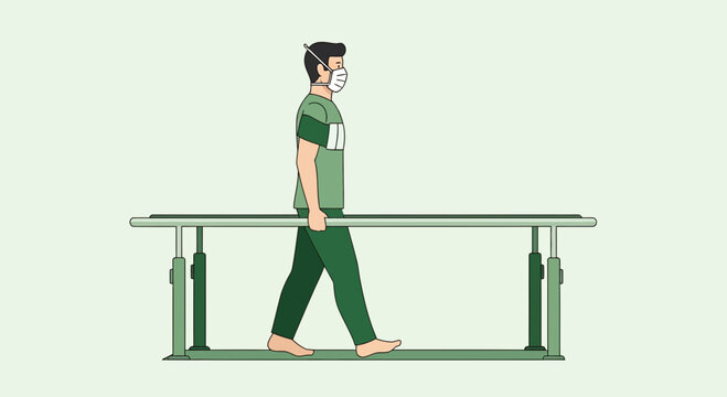 Medical Rehabilitation Treatment Using Parallel Bars And Protective Mask Is Shown