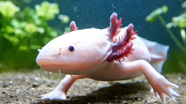 Cute Pink Axolotl With External Gills Underwater
