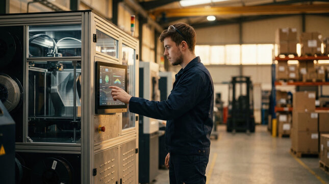 Engineer operating industrial 3d printer for additive manufacturing production